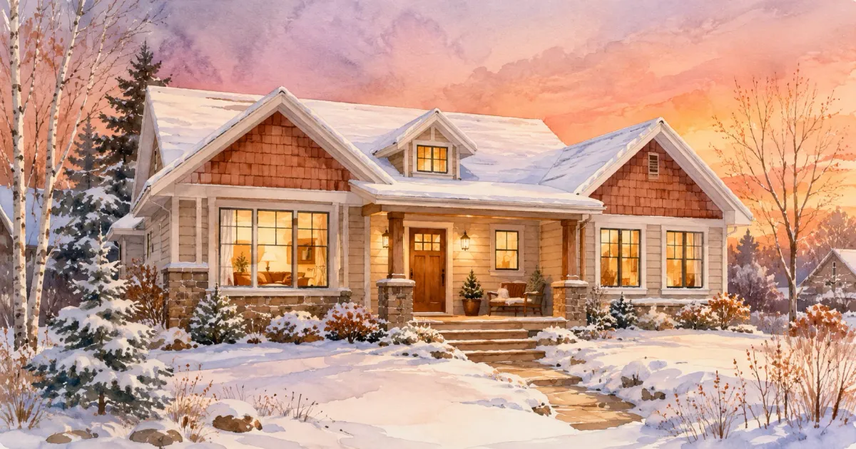 Watercolor illustration of a snow-covered Minnesota home at dusk with warm interior and porch lights on while owners are away