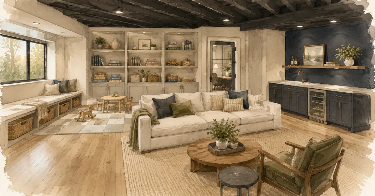 A flexible half-finished basement play zone with durable flooring and open sightlines