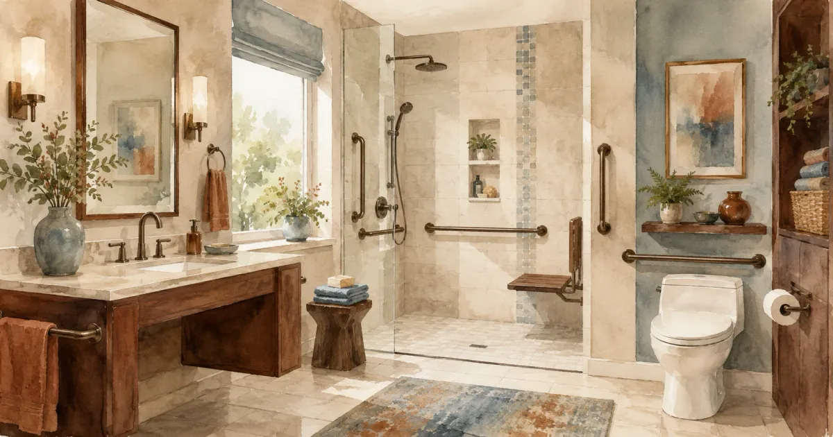 Illustrated aging in place bathroom with curbless walk-in shower, integrated grab bars, fold-down shower bench, and comfort-height vanity