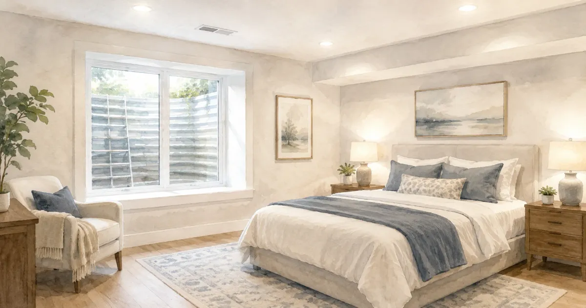 Soft watercolor illustration of a finished basement bedroom with a large egress window well, warm recessed lighting, and smooth drywall walls