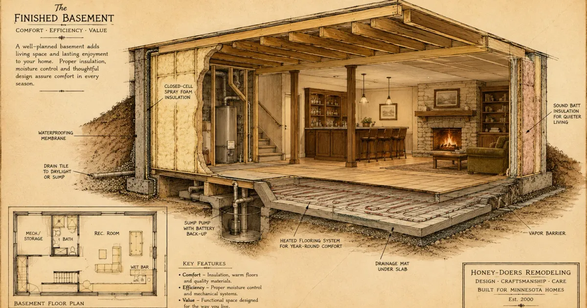 Finished Minnesota basement with heated flooring and a wet bar, planned during a basement remodel