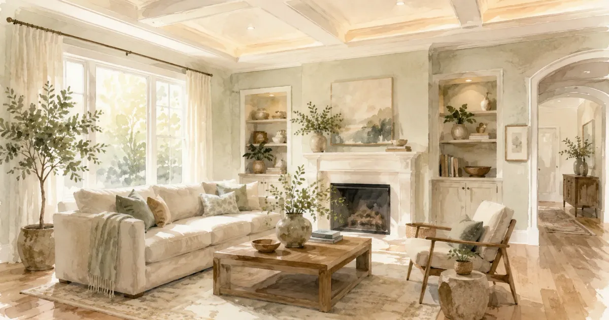 Soft watercolor illustration of a bright living room with a smooth coffered ceiling, recessed lighting, and pale sage walls