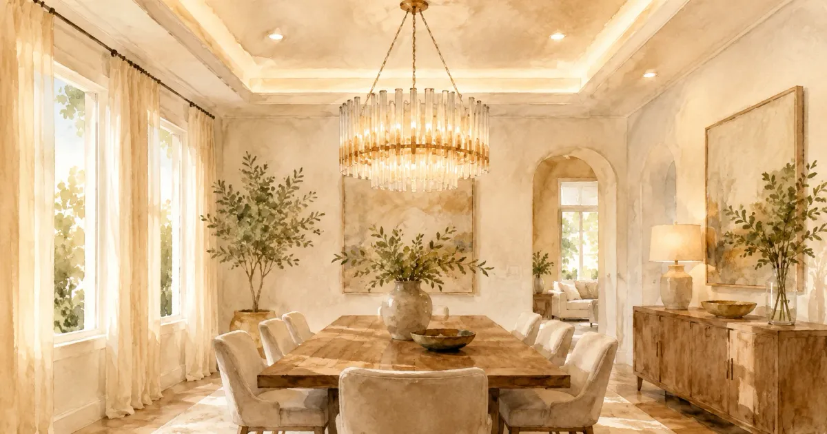 Soft watercolor illustration of a bright dining room with a modern chandelier casting warm golden light over a wooden table