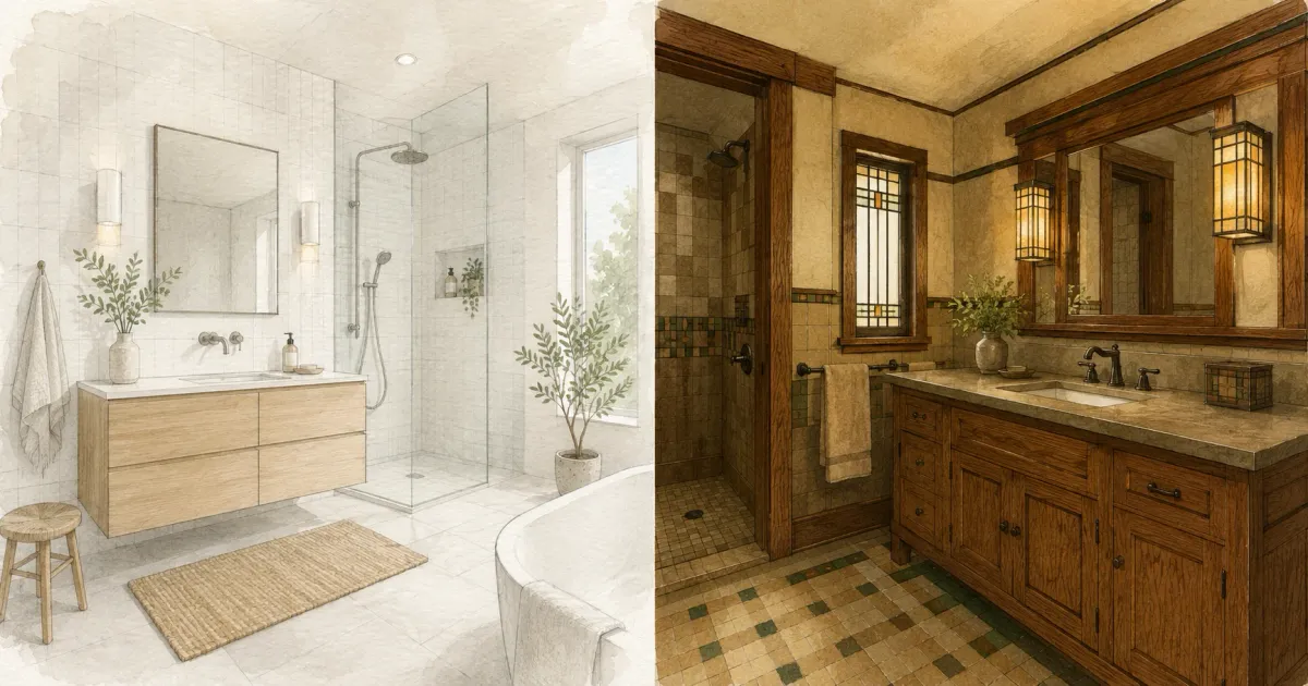 Side-by-side watercolor illustration comparing a bright Scandinavian bathroom with a pale wood floating vanity and glass shower against a warm Prairie style bathroom with quartersawn oak cabinetry, art glass sconces, and earth-toned geometric tile