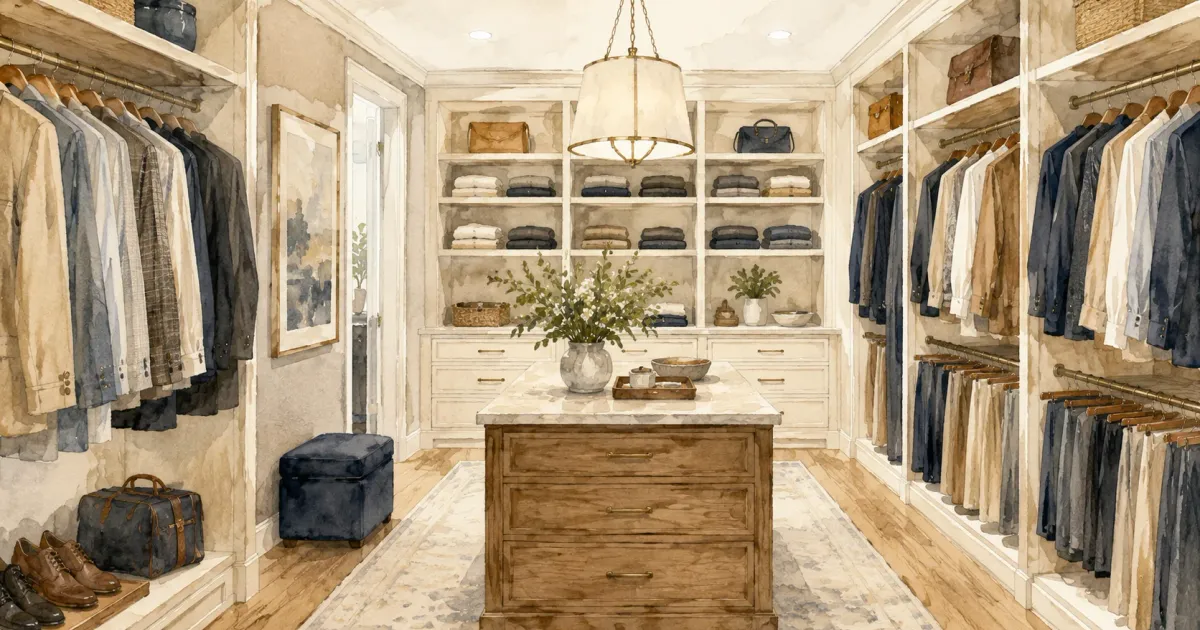 Custom walk-in closet with built-in shelving, drawers, and warm wood finishes in a Minnesota home