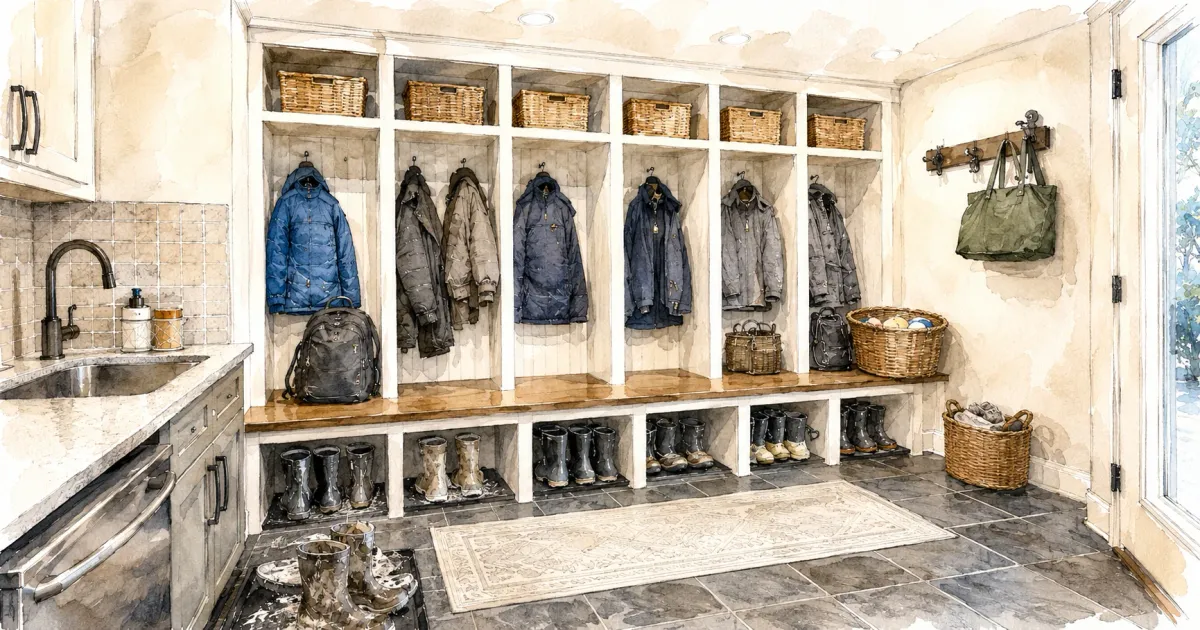 Watercolor illustration of a modern mudroom with built-in lockers, hanging winter coats, boot cubbies, wicker baskets, and a utility sink