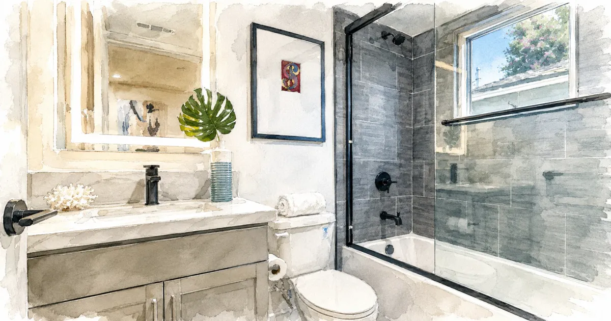 Watercolor illustration of a remodeled bathroom with a marble-top vanity, backlit mirror, matte black fixtures, and a gray tiled tub-shower with a glass panel
