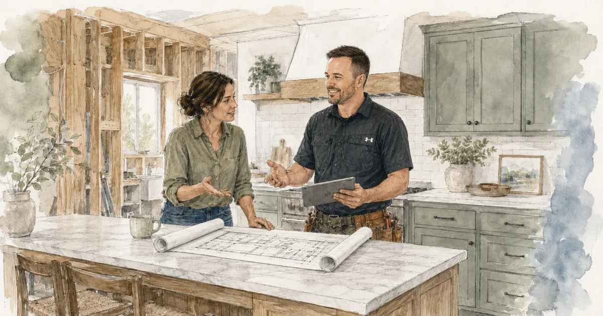 Homeowner and remodeling contractor reviewing project plans together