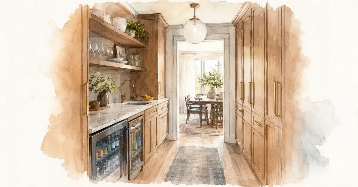Warm wood butler pantry mini kitchen with brass hardware, marble countertop, glass-front beverage fridges, and open shelving leading to a dining room