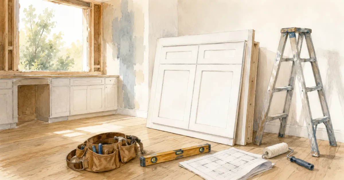 Illustrated cross-section of a kitchen mid-remodel showing cabinets, plumbing, and framing