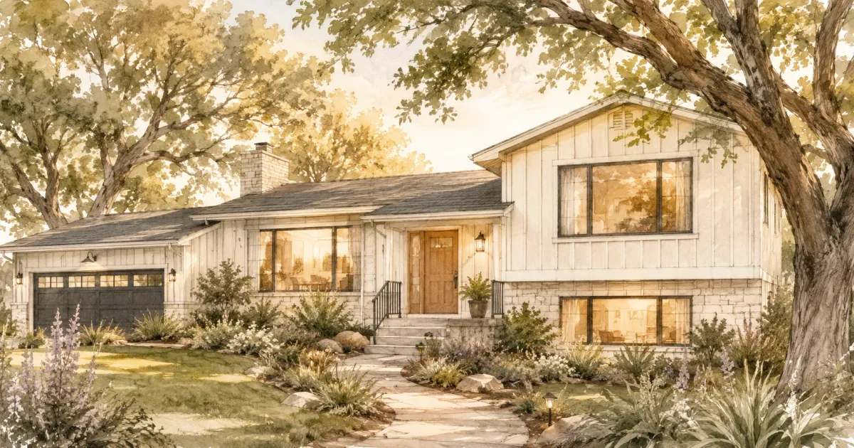 Watercolor illustration of a modernized split-level home exterior with updated siding and large windows