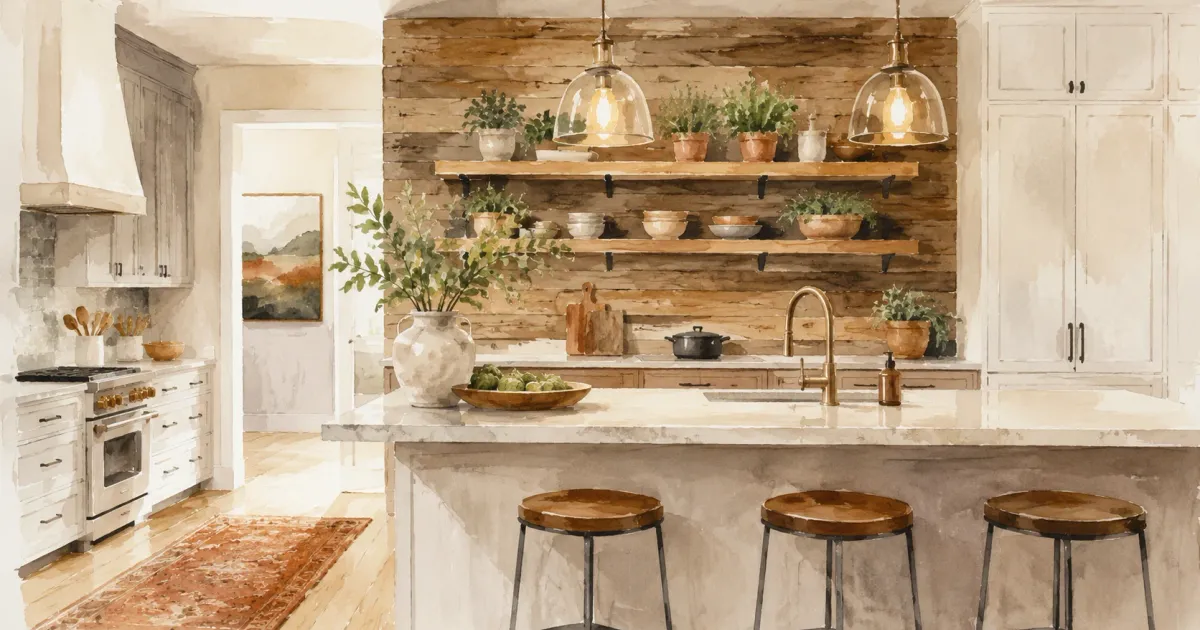 Kitchen with a warm reclaimed wood accent wall behind open shelving and pendant lighting