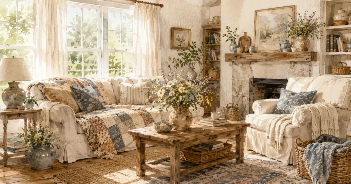 Cozy cottage core living room with patchwork quilts, reclaimed wood coffee table, wildflower arrangement, and stone fireplace