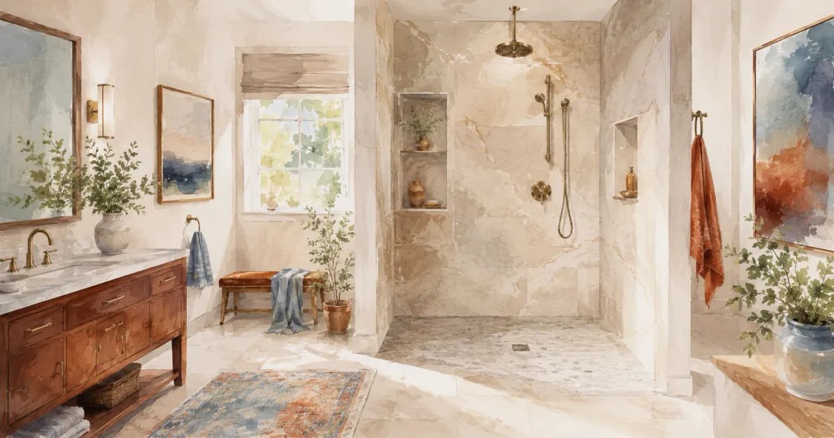 Watercolor illustration of a spa-style walk-in shower with marble tile, a rain showerhead, recessed niches, and a nearby vanity