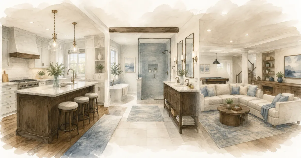 Updated kitchen with island, bathroom with tiled shower, and finished basement rec room shown together in a soft watercolor illustration