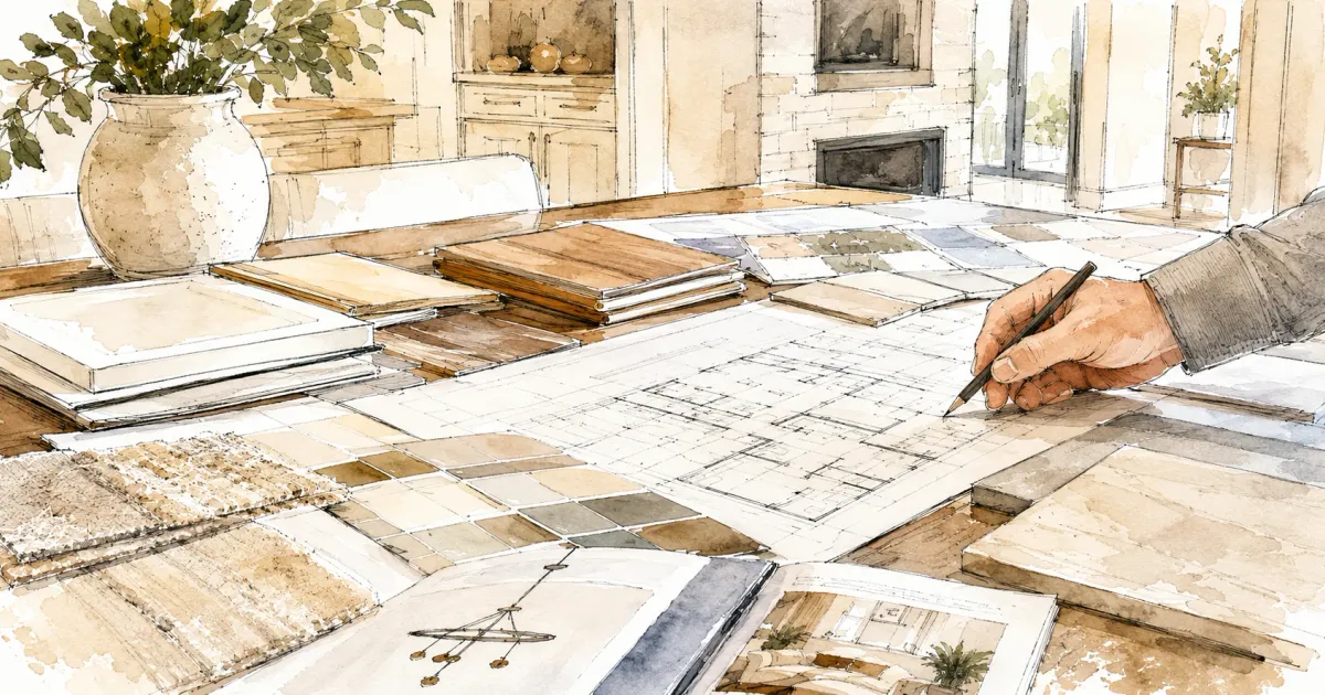 Watercolor illustration of a hand sketching a floor plan surrounded by flooring, tile, and finish samples on a table