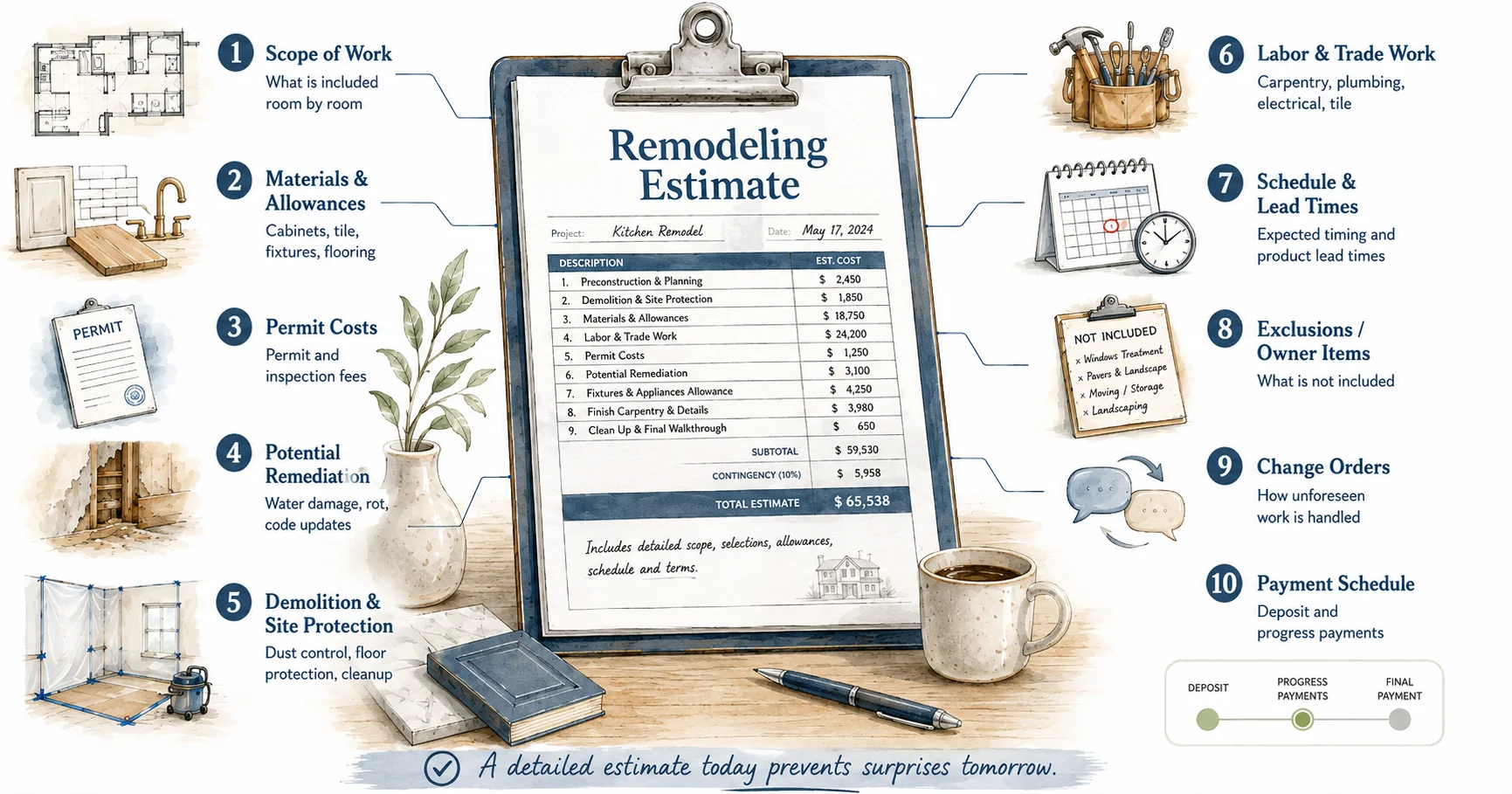 Illustrated infographic of a remodeling estimate clipboard listing the 10 items it should include: scope of work, materials and allowances, permit costs, potential remediation, demolition and site protection, labor and trade work, schedule and lead times, exclusions, change orders, and payment schedule