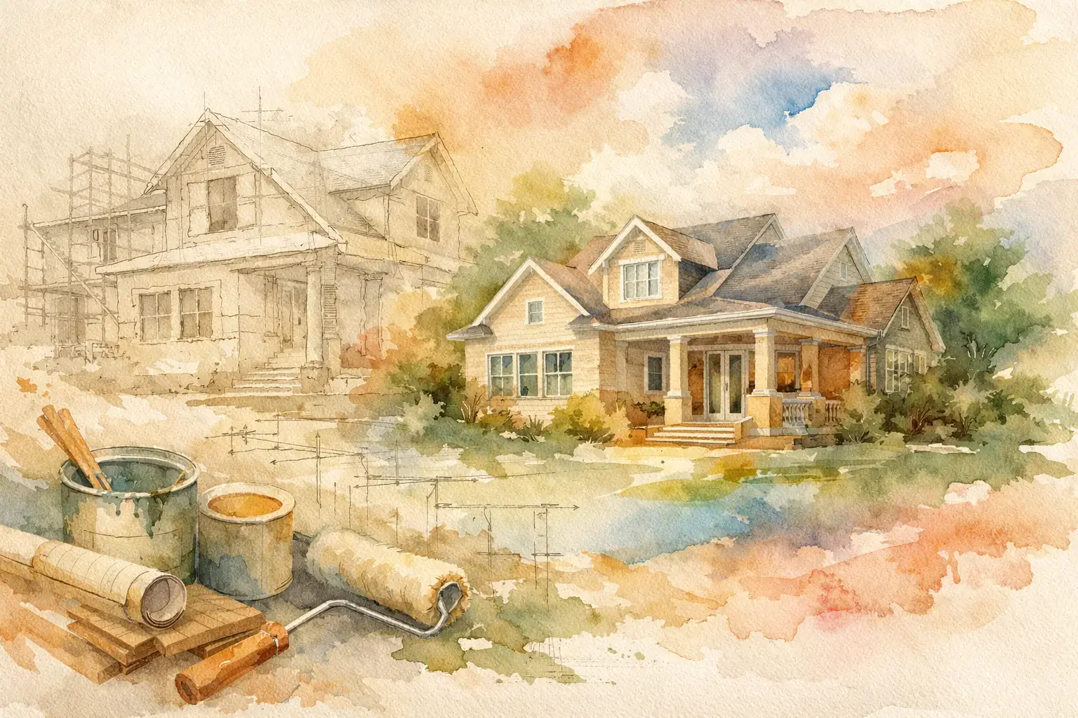 Watercolor illustration of a home transitioning from architectural sketch to finished craftsman house